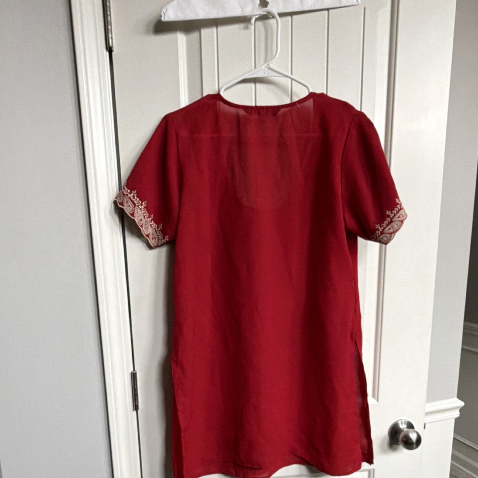 Red Embroidered Kurta for Women with Gold Detailing, Short Sleeves