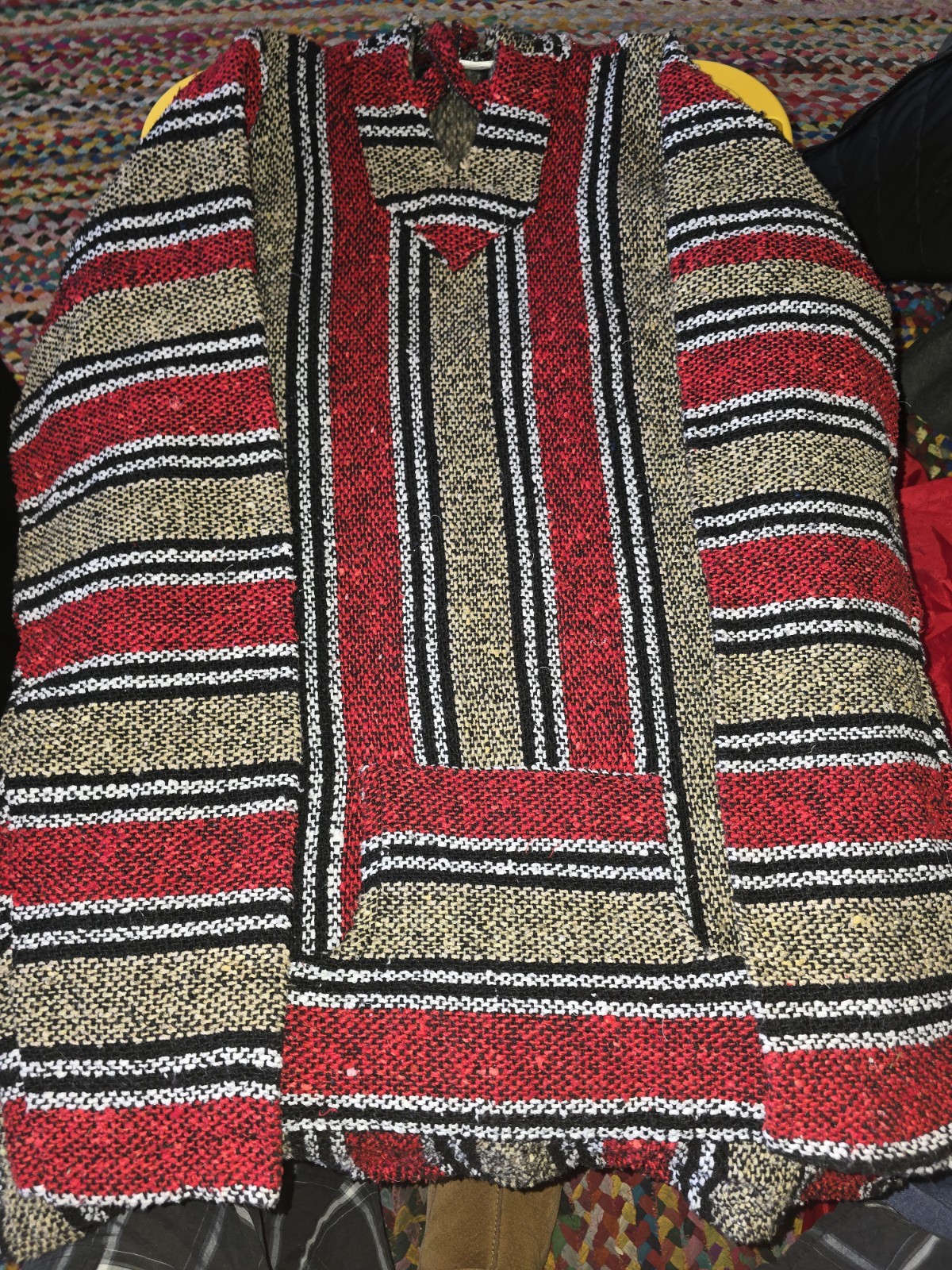 Handmade Mexican Serape Striped Poncho, Red Acrylic Unisex Adult XXXL