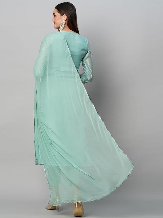 Women Blue Plus Size Floral Printed Indian Cotton Kurta Top & Pant With Dupatta