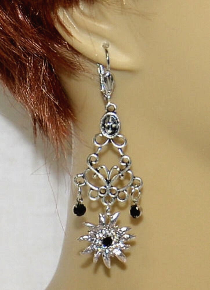 2″ Long NEW Pierced Earrings Dangle Hang Flower Faux Silver Dirndl Holiday Dress