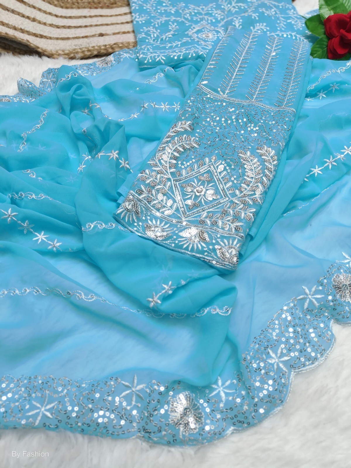 SKYBLUE COLOR GEORGETTE BOLLYWOOD LATEST STYLISH FANCY PARTY WEAR DESIGNER SAREE