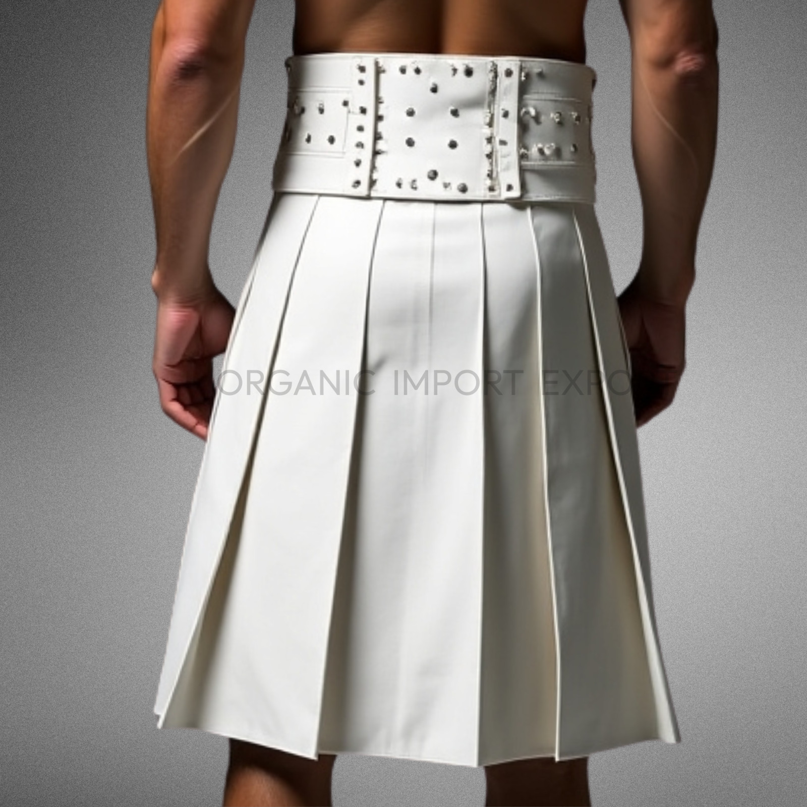 Men’s White Leather Kilt – Modern Fashion Utility Skirt with Studded Belt Design