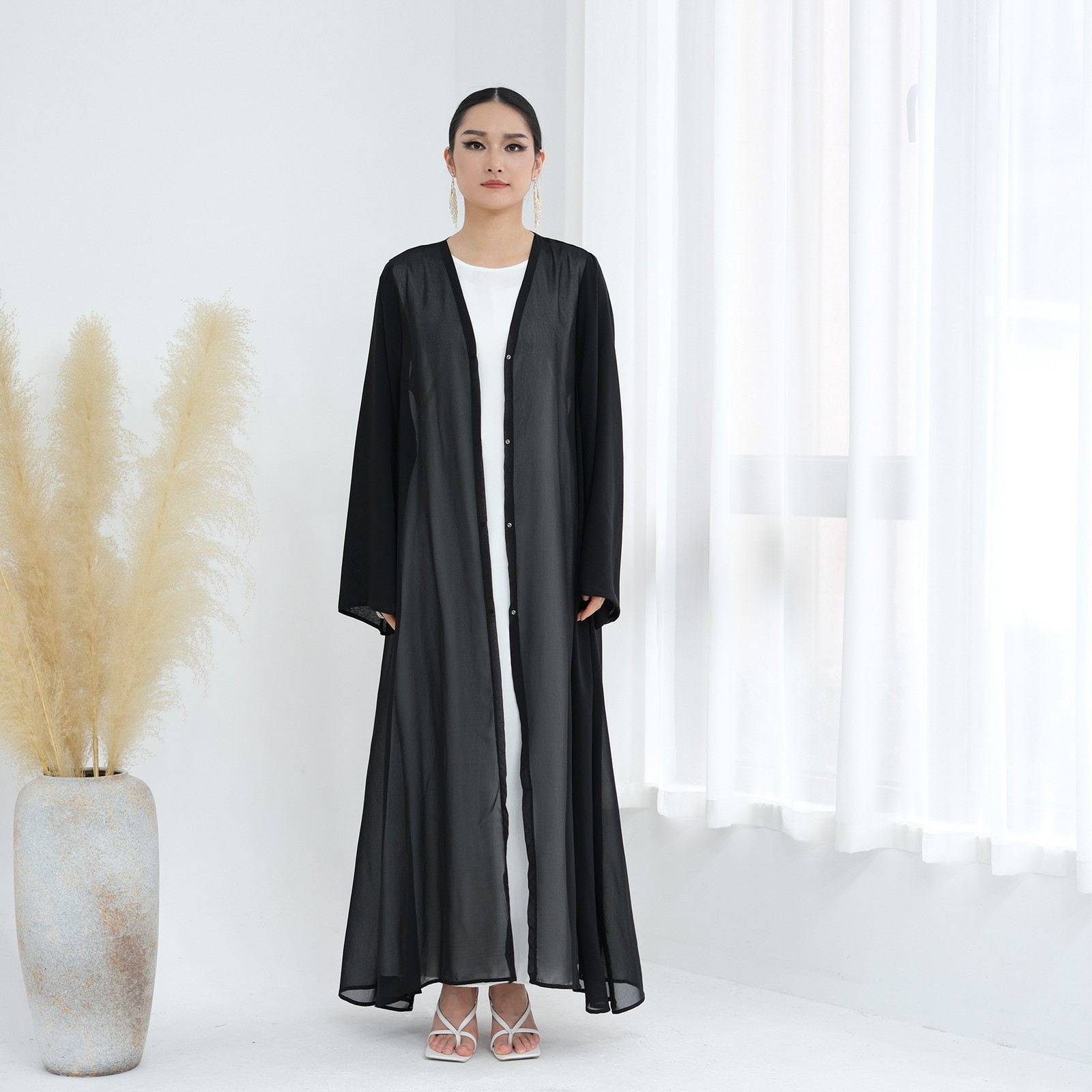 Dubai Women Open Abaya With Hijab Elegant Loose Cardigan Solid Color Inner Dress