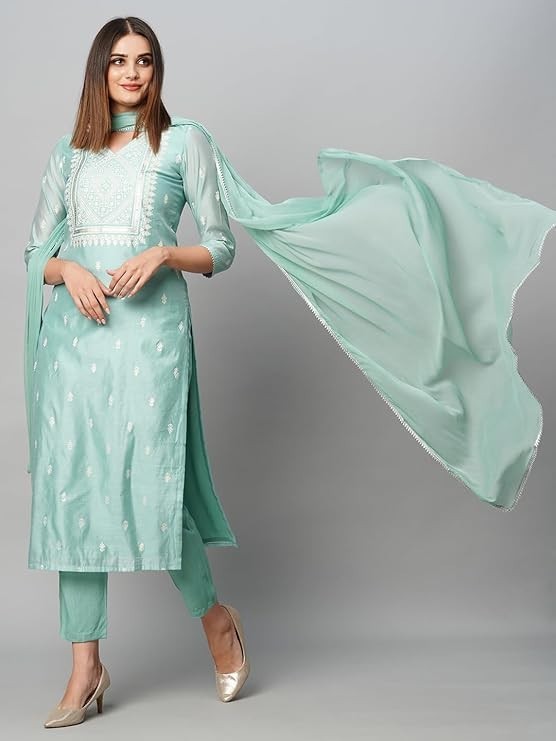 Women Blue Plus Size Floral Printed Indian Cotton Kurta Top & Pant With Dupatta
