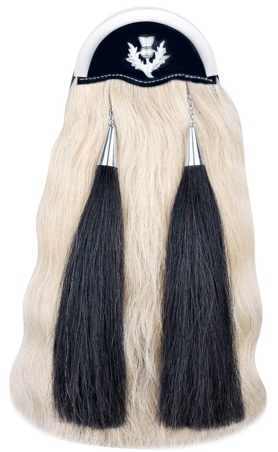 REAL HORSE HAIR SPORRAN: Metal Rim Cantle Thistle Badge-Two Horse Hair Tassels