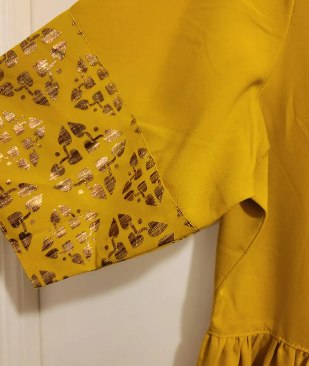 Janasya Indian Round Neck Half Sleeve Gold Print Mustard Poly Crepe Kurta