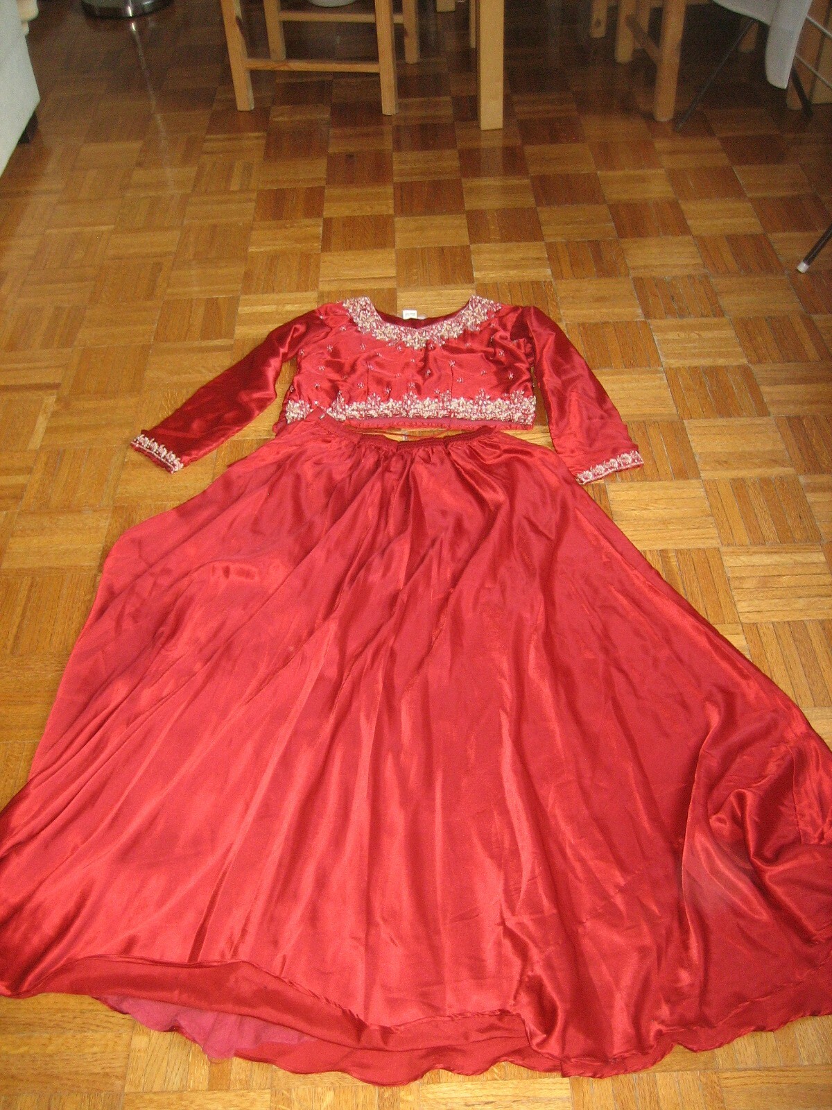 Indian Lengha Choli Red Designer Made 4 piece w white gold & pink embellishments