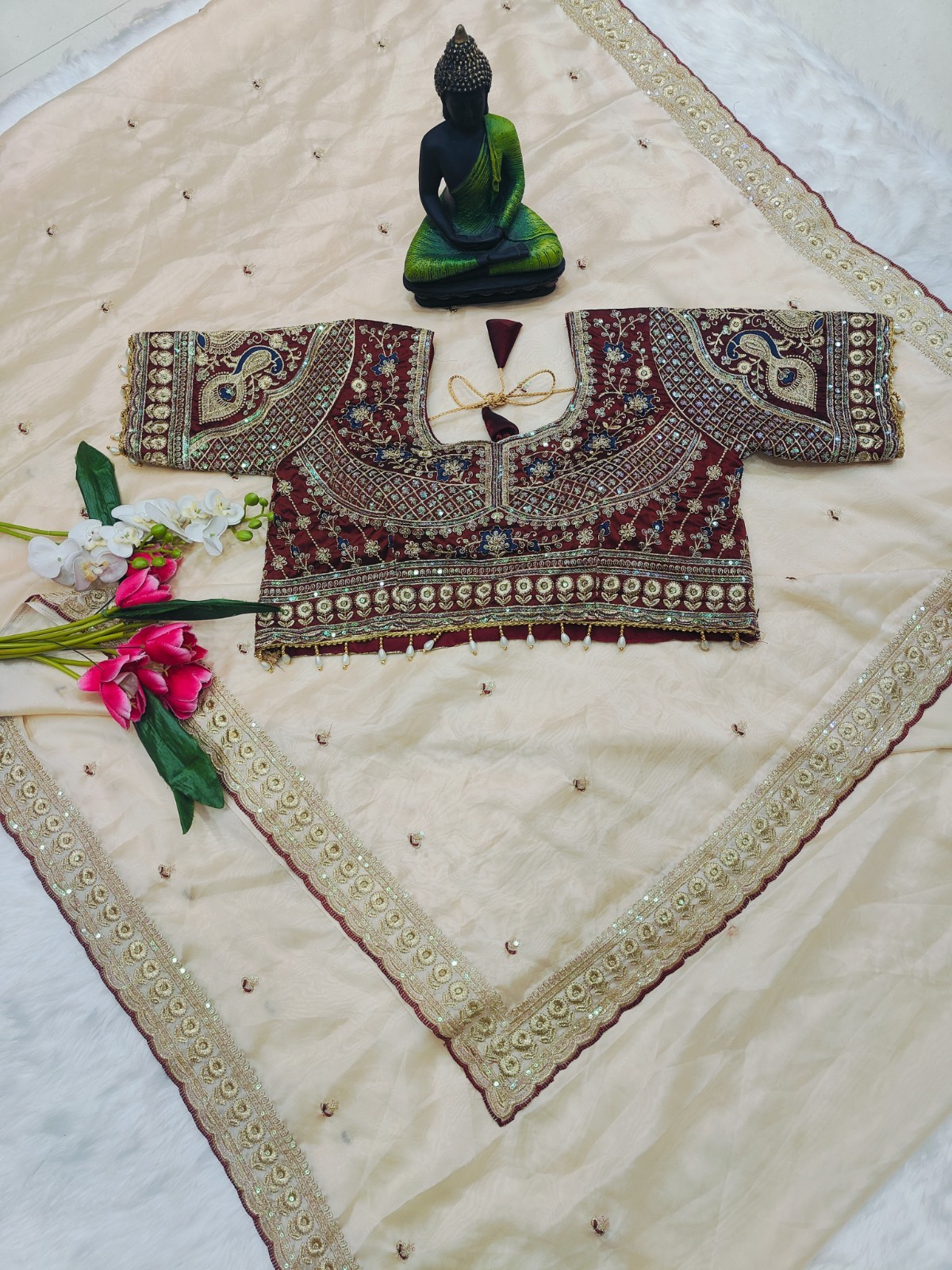 Off White Organza Saree Heavy Embroidered Designer Maroon Blouse Wedding Wear