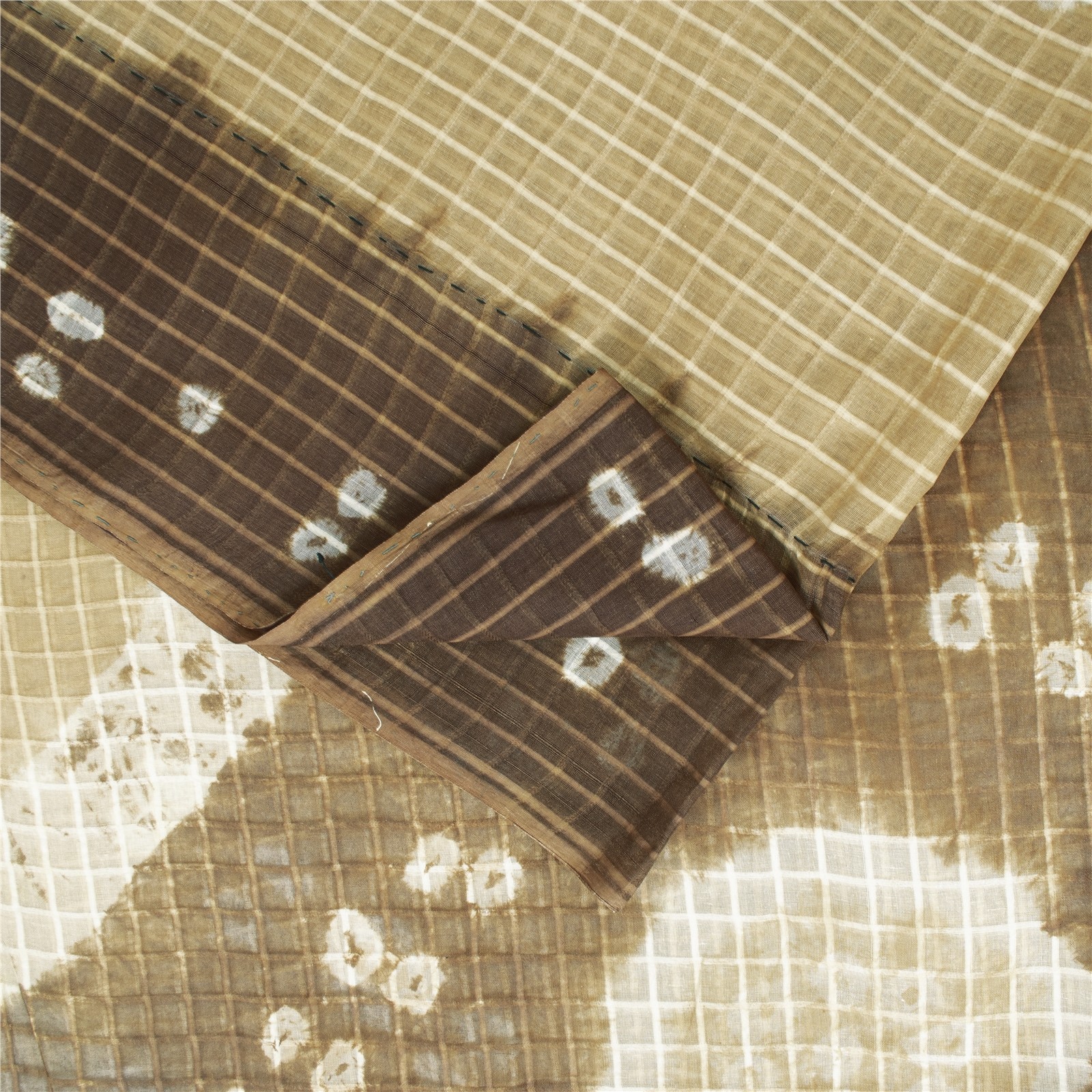 Sanskriti Vintage Sarees Brown & Off-White Tie-Dye Bandhanipure Cotton 5+Yd Sari