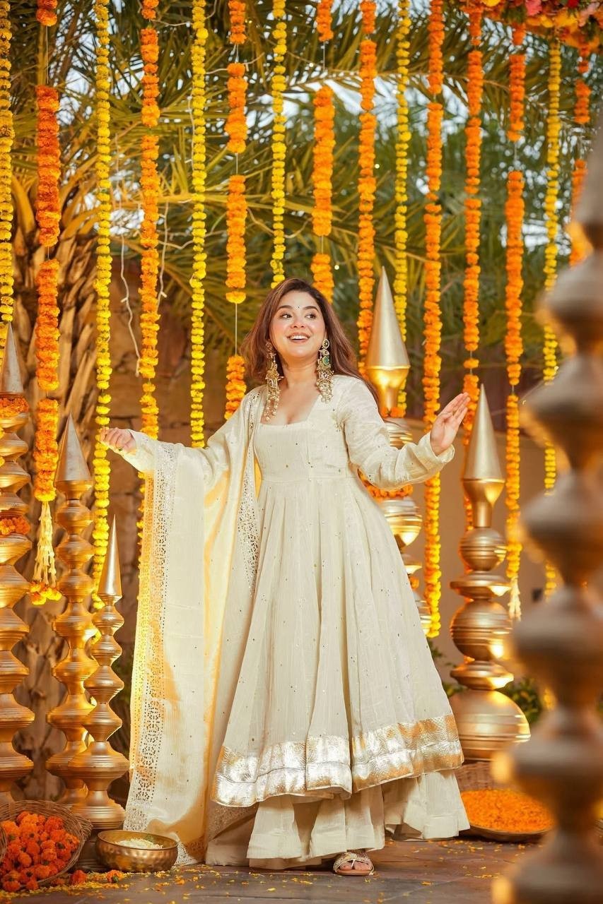 Heavy Chinon Silk Cream Gown Palazzo With Dupatta For Indian Festival Wear