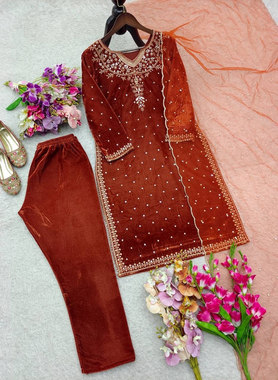 Premium Designer Maroon Viscose Velvet Salwar Kameez With Dupatta For Women
