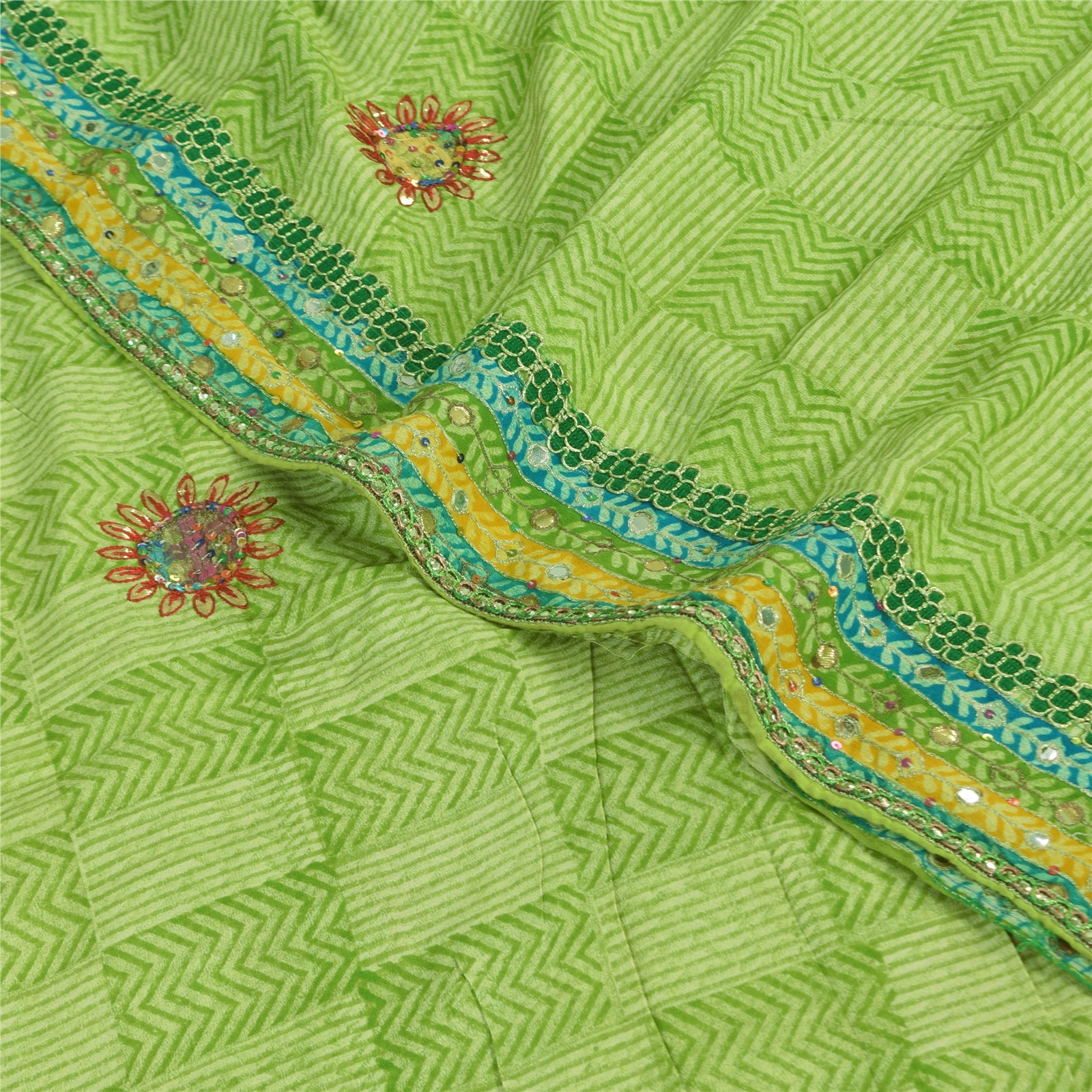 Sanskriti Vintage Saree Green Pure Crepe Hand Embroidered-Gota Patti Print Sari