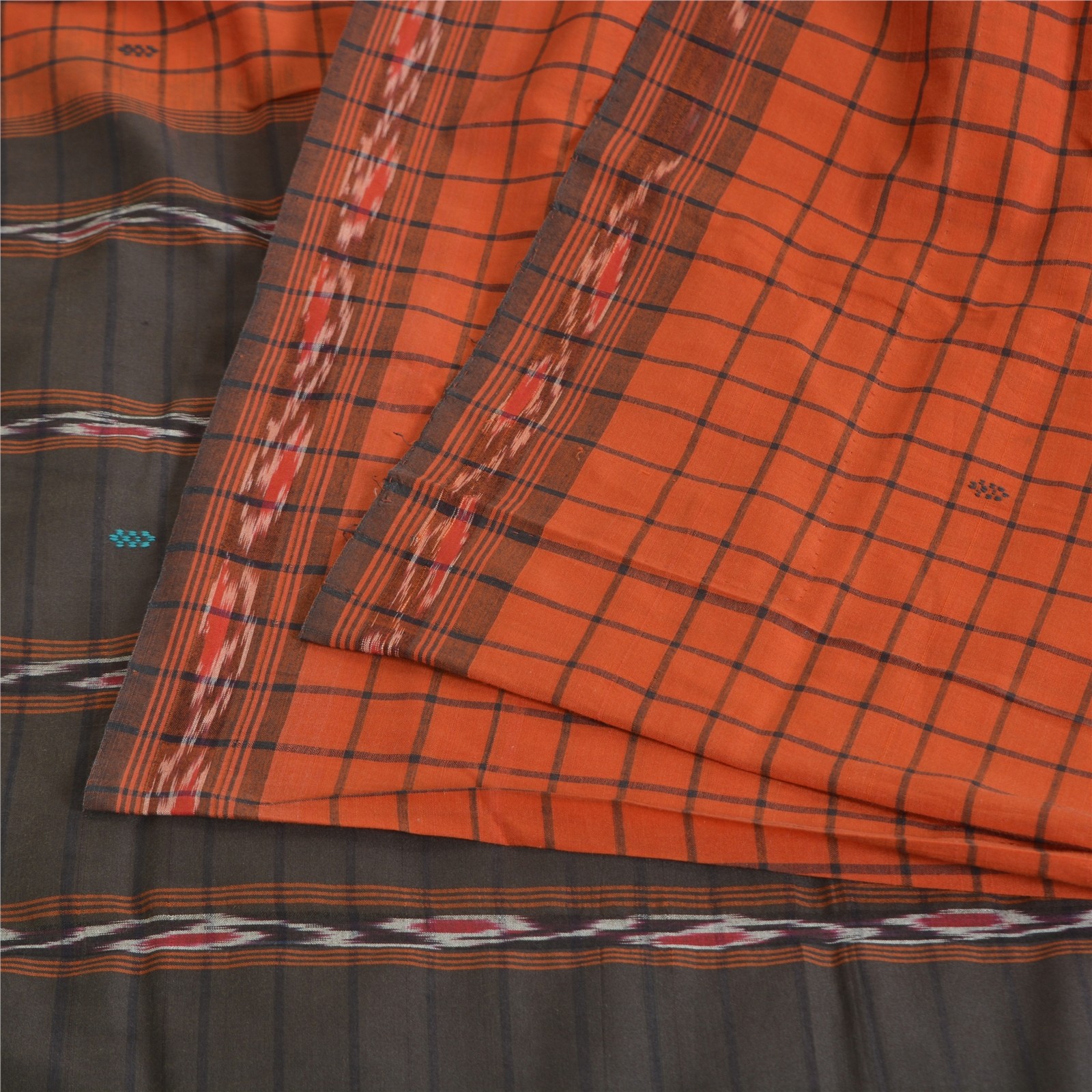 Sanskriti Vintage Rare Saree Ikat Handwoven Blend Cotton Orange Sari 5Yd Fabric