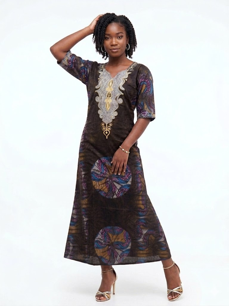 Authentic African Batik Embroidered Long Dress Medium Size