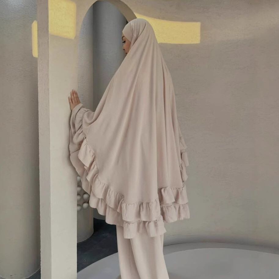 Women Muslim Solid Color Ramadan Robe Dress Set Arab Lotus Leaf Edge Big Turban