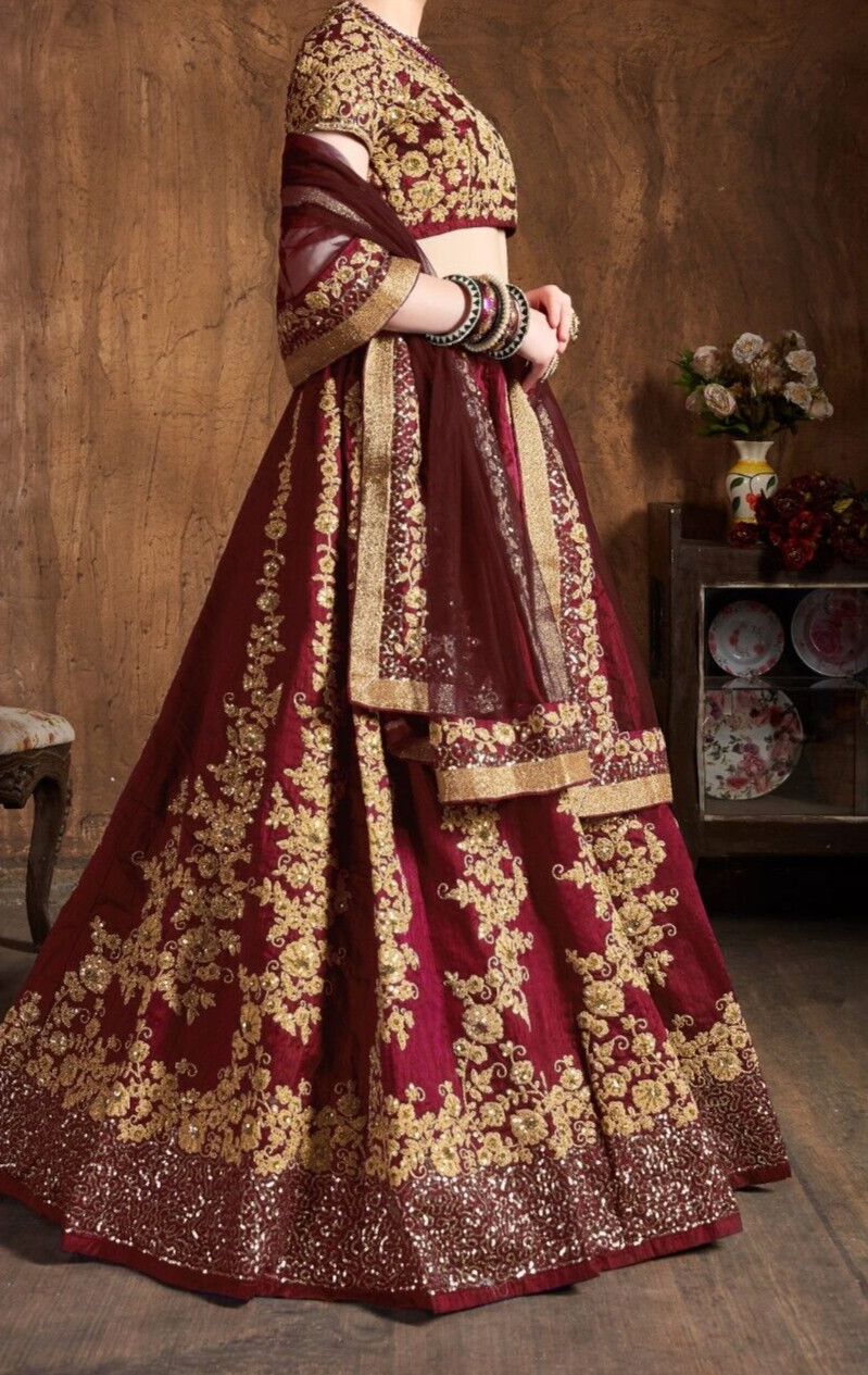 Designer Maroon Raw Silk Lehenga Choli With Soft Net Dupatta For Bridal Wear