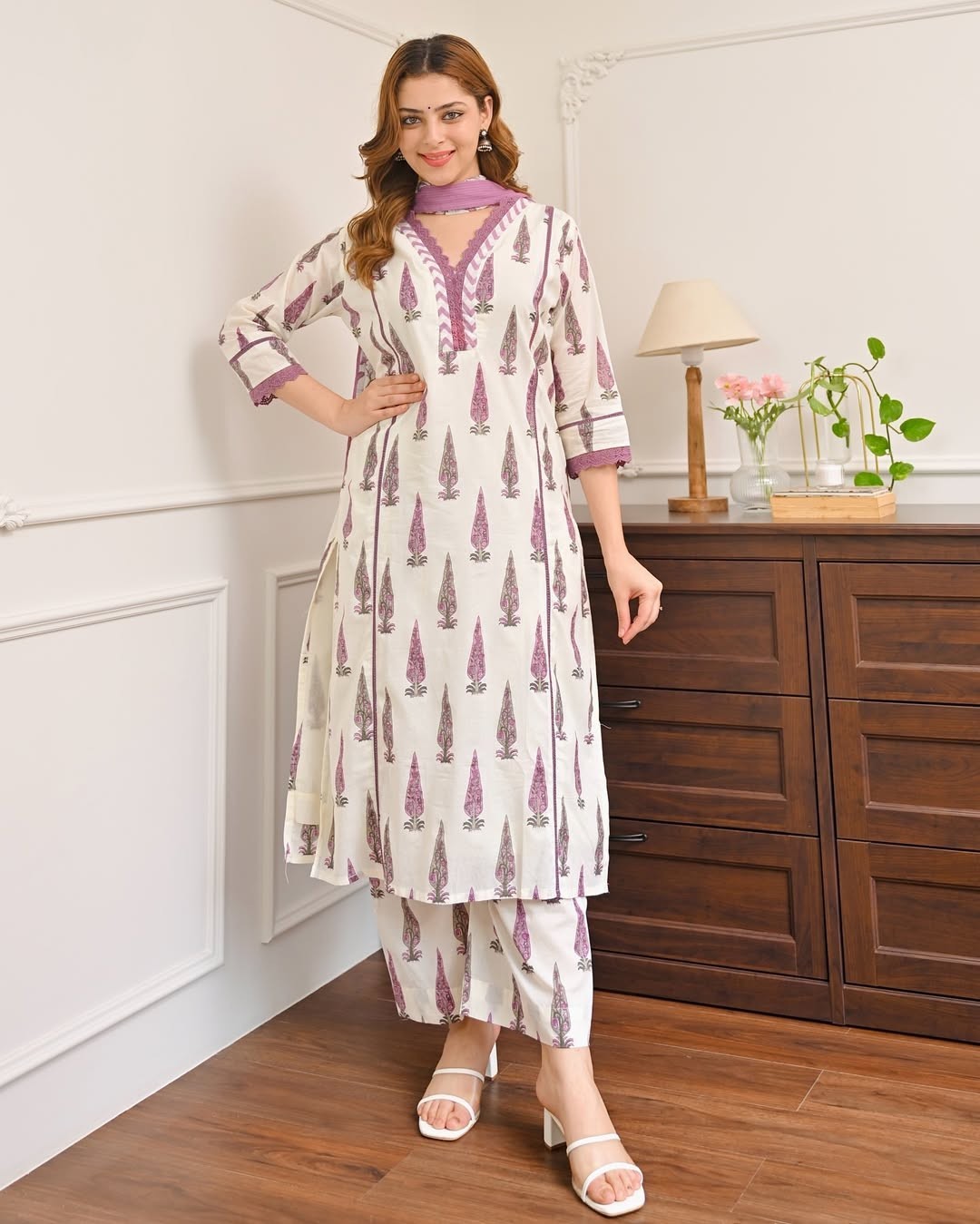 Women’s Mughal Print Cotton Kurta Pant Dupatta Suit Set with Lace Work