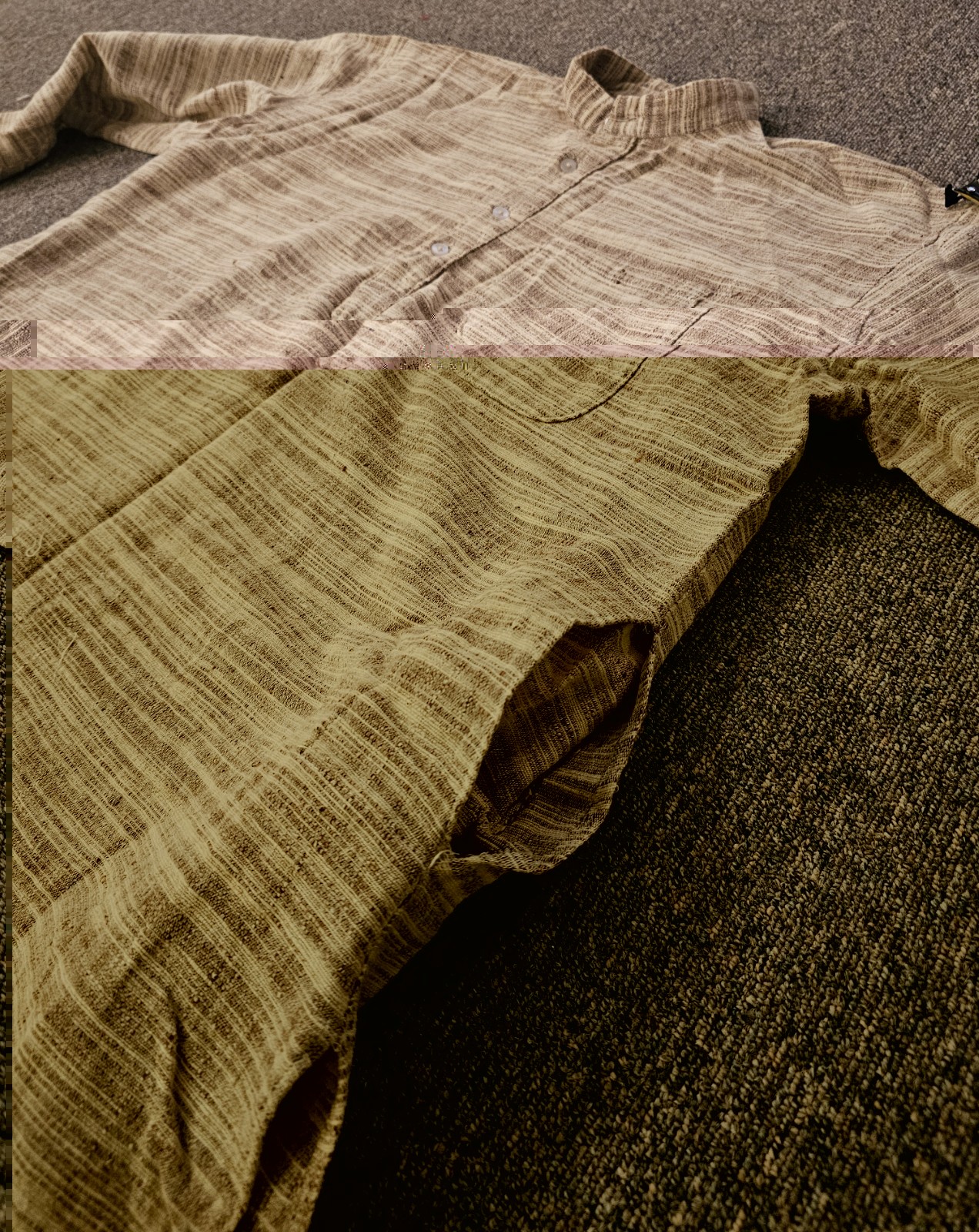 Mens Kurta Tunic Shirt Indian 3 Pockets Brown Beige Striped See Measurements