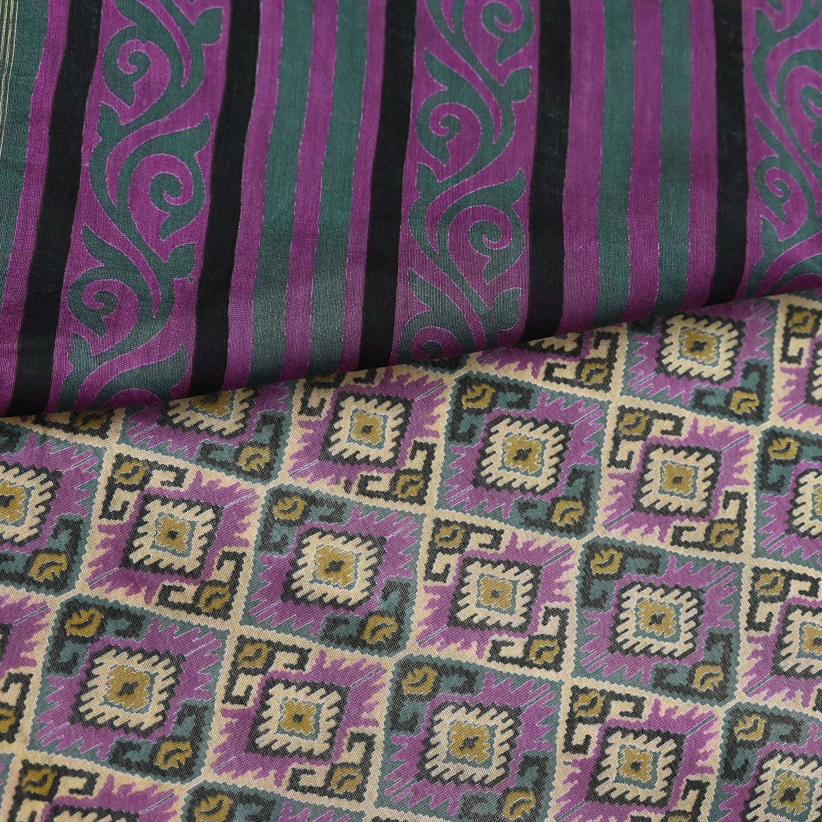 Vintage Green & Purple Block Printed Pure Chanderi Silk Saree Floral Zari Border