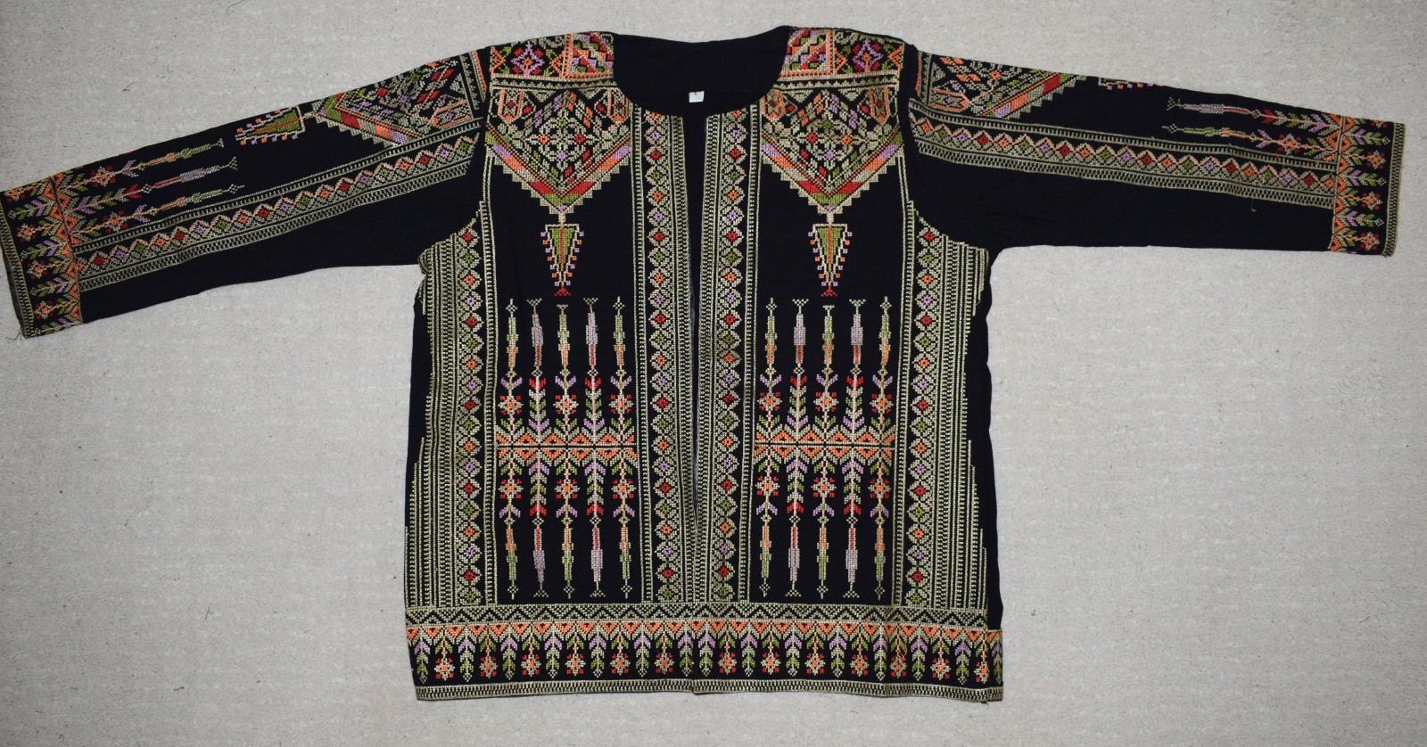 Palestinian Tatreez Jacket – Multicolored Embroidered Open-Front Cardigan–Blazer