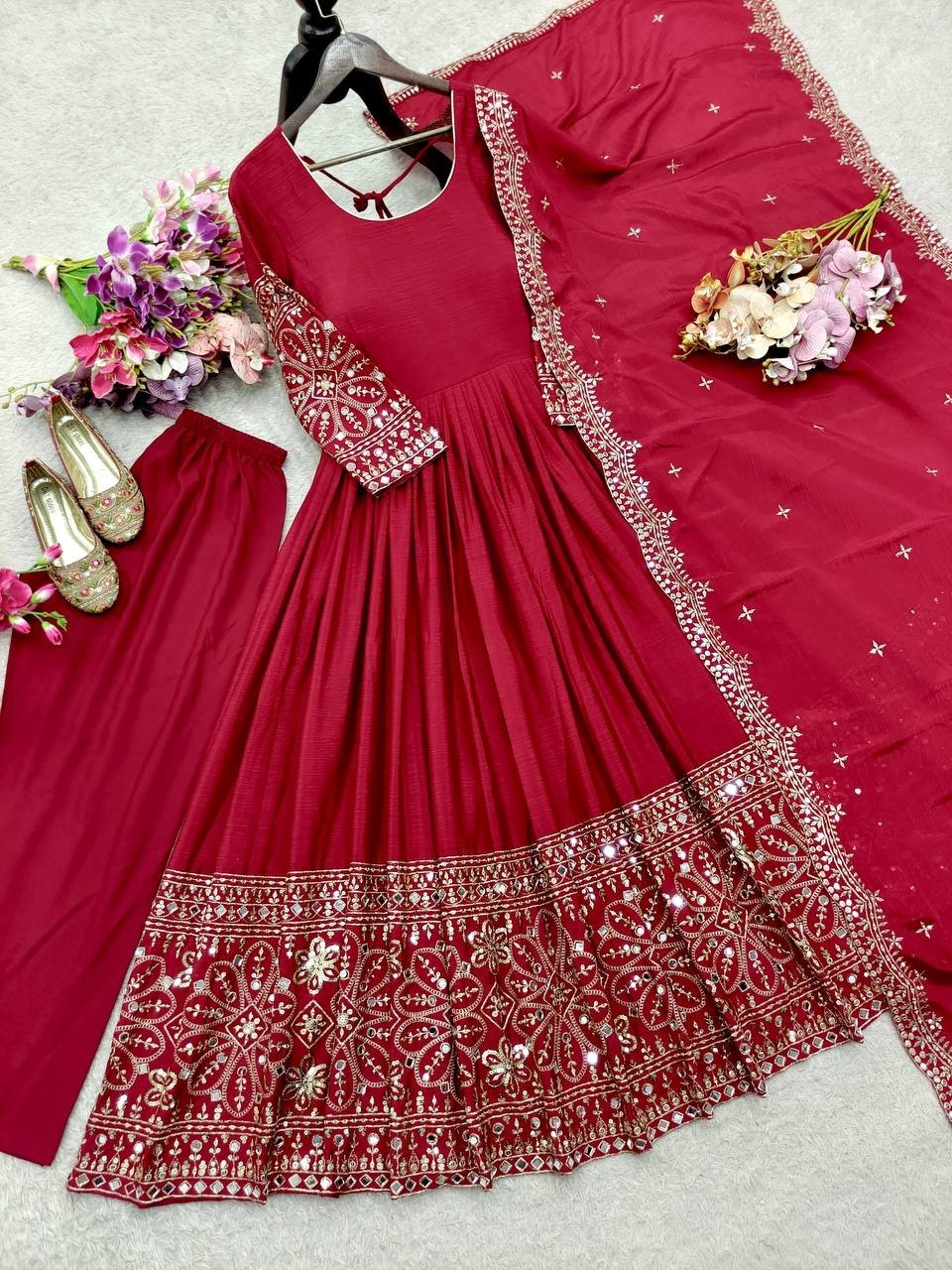 New Designer Maroon Chinnon Silk Salwar Kameez With Dupatta For Wedding