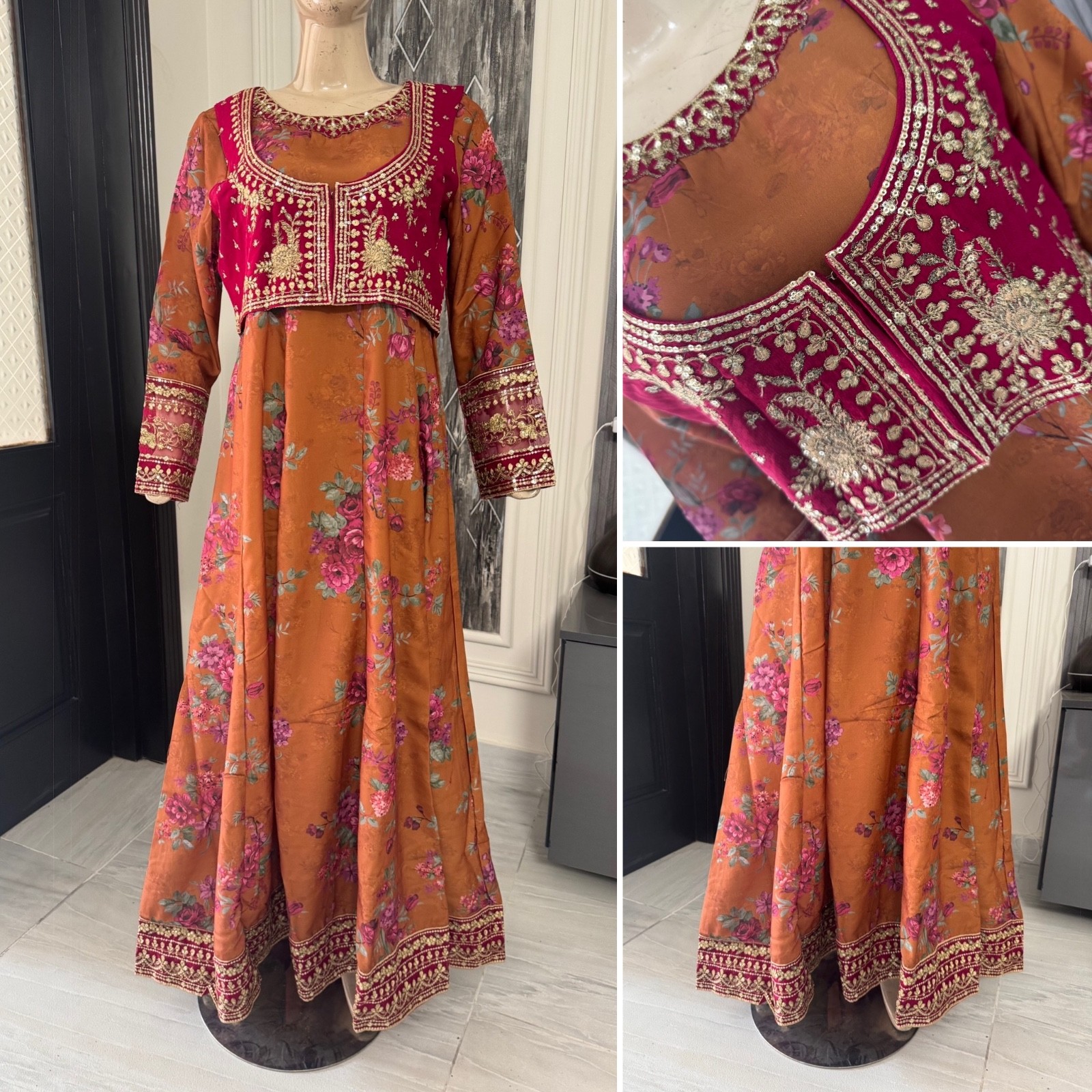 Pakistani Rust Long Maxi Style Embroidered Sequins work Dress,S