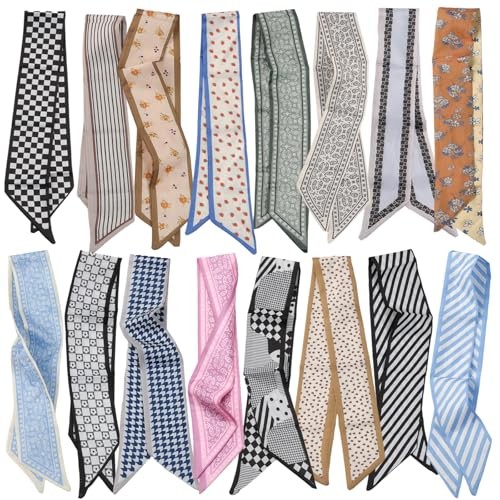 16PCS Bag Scarf for Women, Skinny Hair Scarves Fashion Headbands Satin Silk