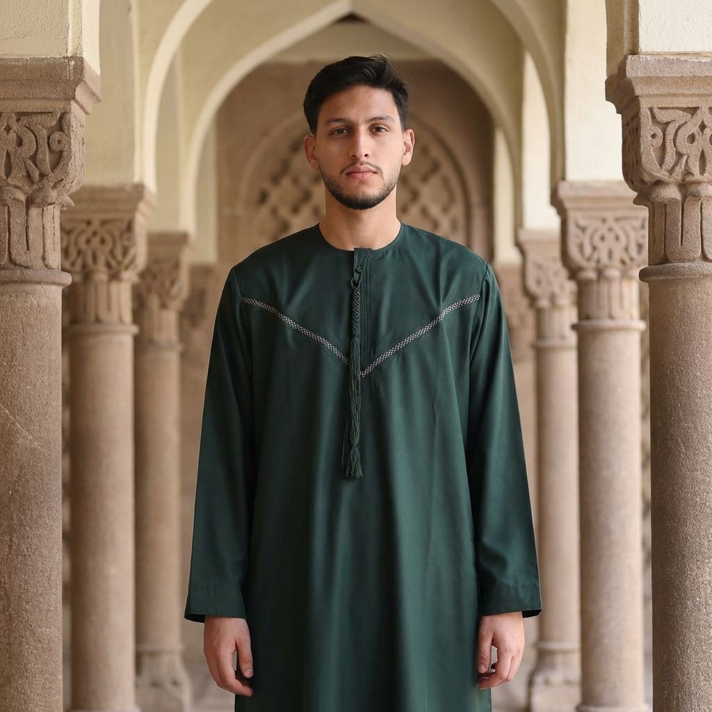 Men Olive Green Thobe Emirati Omani Jubba Islamic Embroidery Muslim Eid Tassel