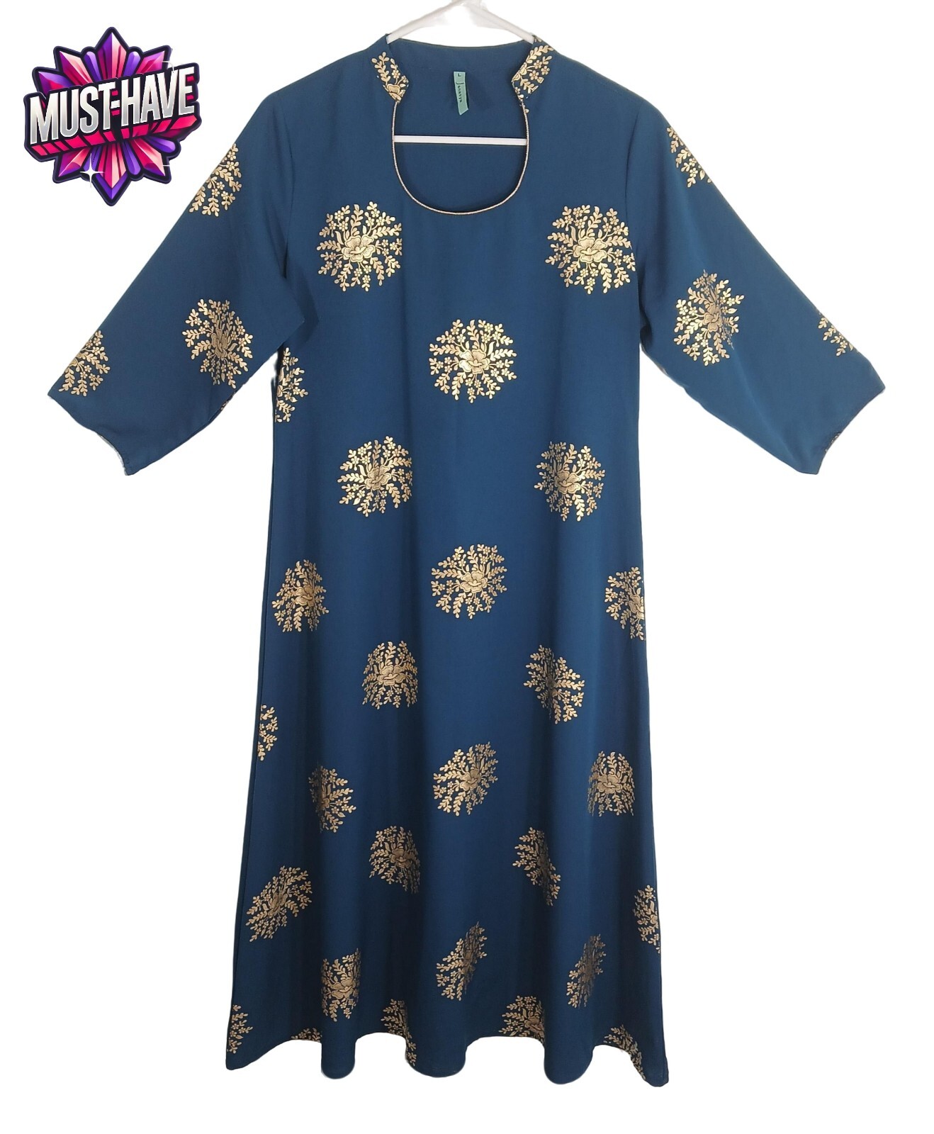 Janasya Women’s 3/4 Sleeve Blue Floral Gold Print Dress Indian Ethnic Size L