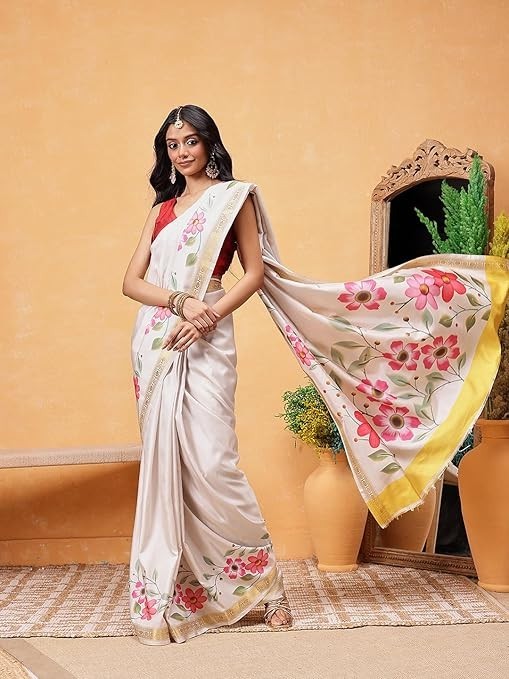 Women’s Off White Art Silk Floral Printed Saree with Blouse Wedding Party Wear