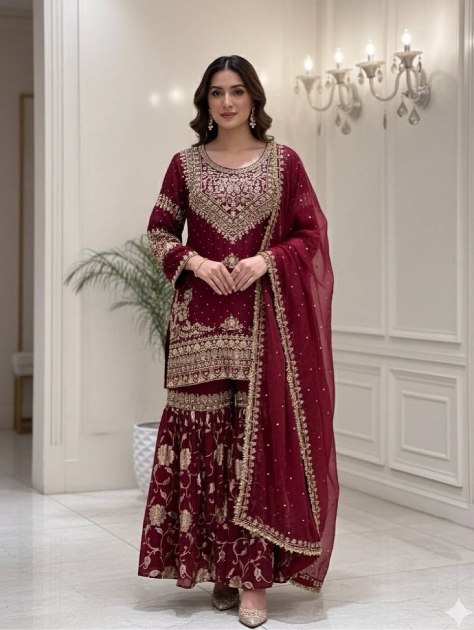 Maroon Designer Heavy Georgette Top Palazzo With Dupatta For Function Wear