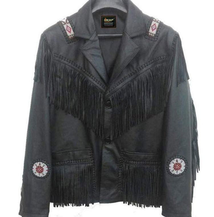 Western Cowboy Jacket Cowhide Black Leather Fringe Beads Native American Style