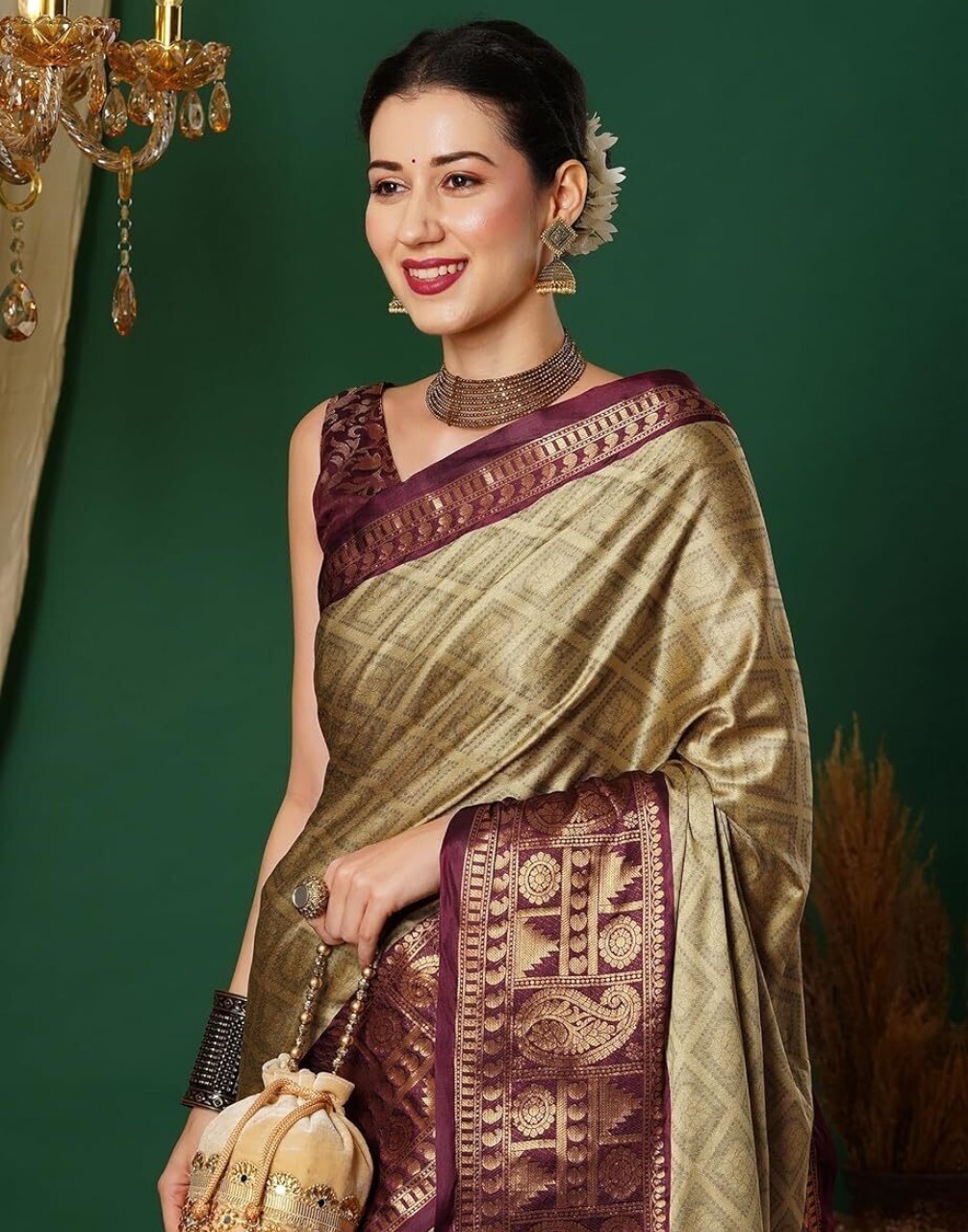 Woven Kanjivaram Jacquard, Pure Silk Saree (Beige)