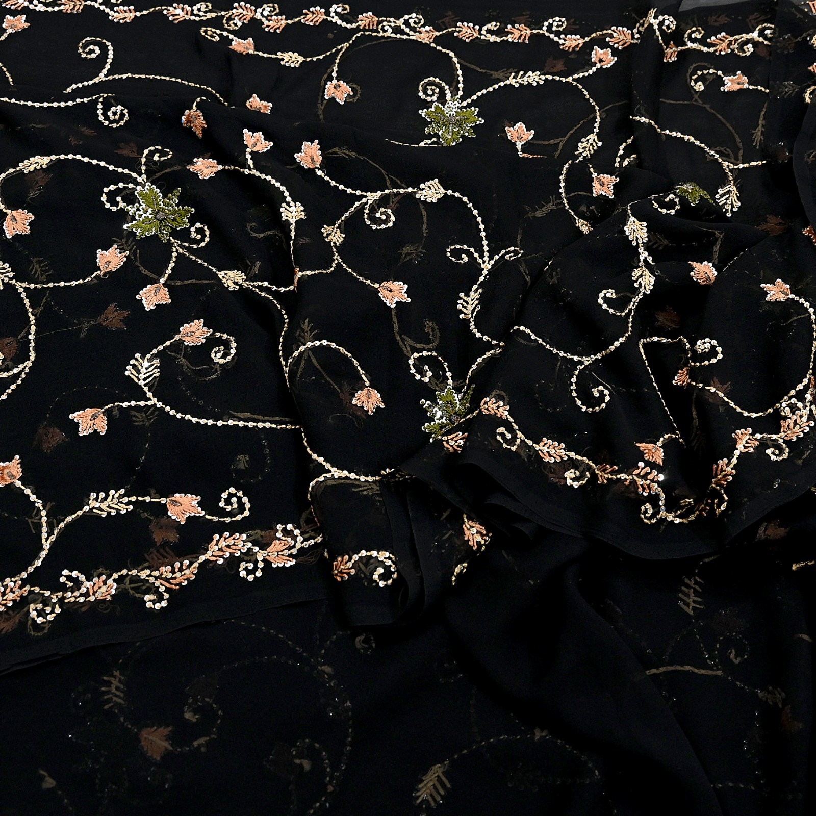 Indian Vintage Heavy Sari Black Pure Georgette Silk Hand Beaded Sarees Ethnic