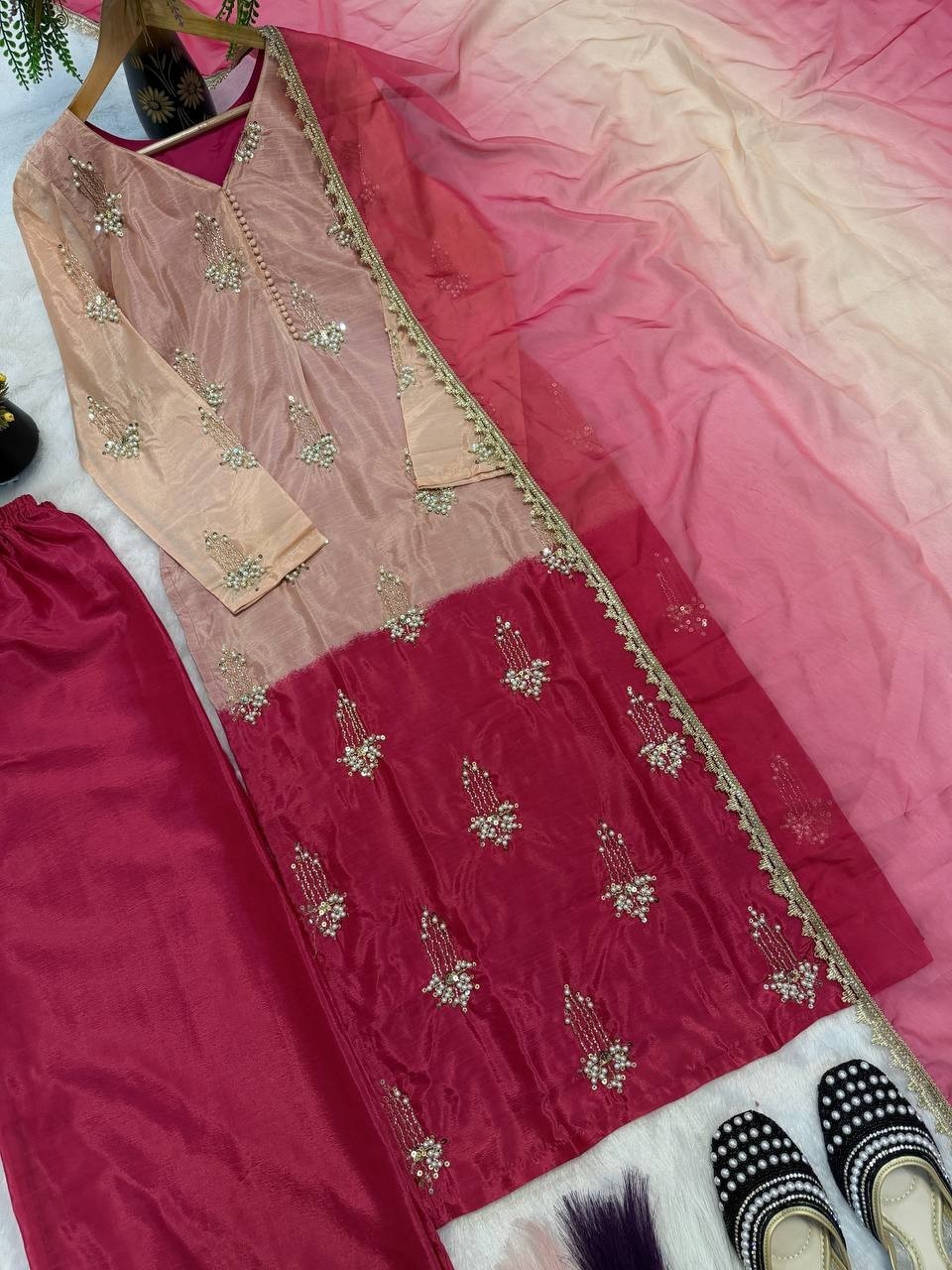 Elegant Designer Chinnon Silk Kurta Palazzo With Dupatta For Women & Girls