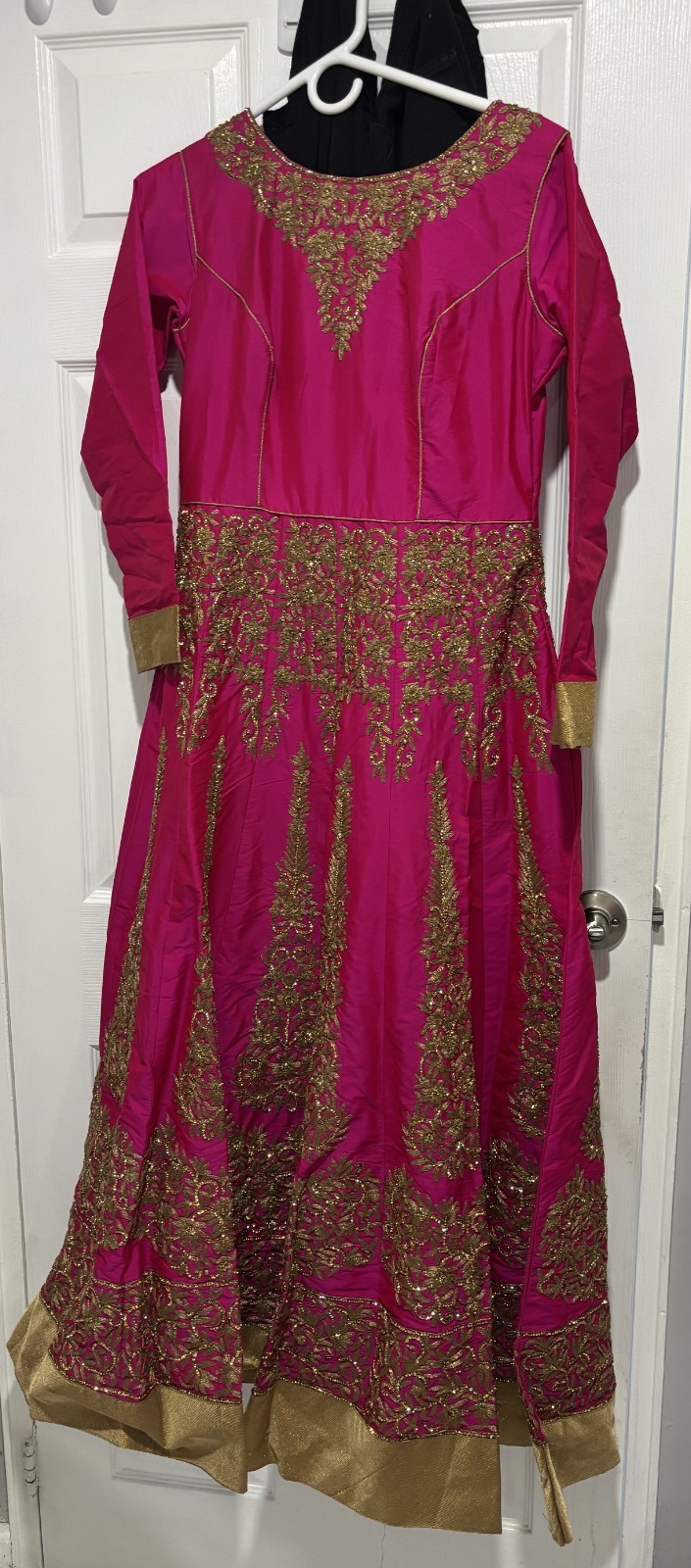 Magenta and golden net anarkali gown with net dupatta and legging, silky fabric