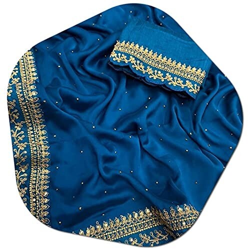 Japan Satin Silk Plain lace work Saree with heavy embroidered Work Blouse