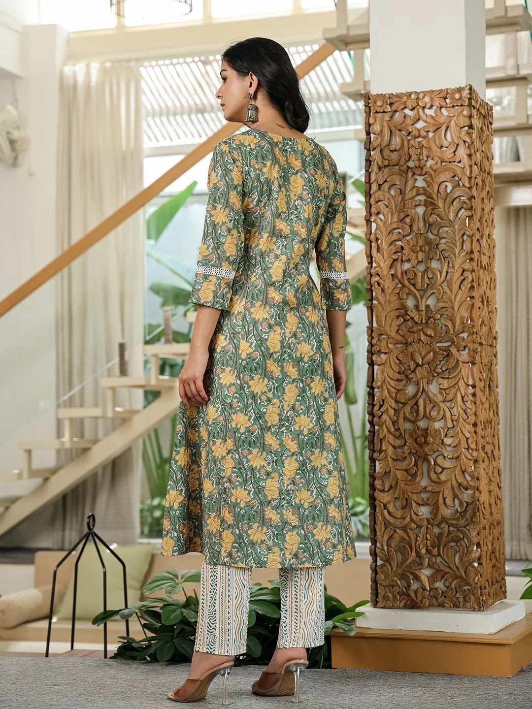Green Floral A-Line Kurta Trouser Dupatta Set With Lace Work