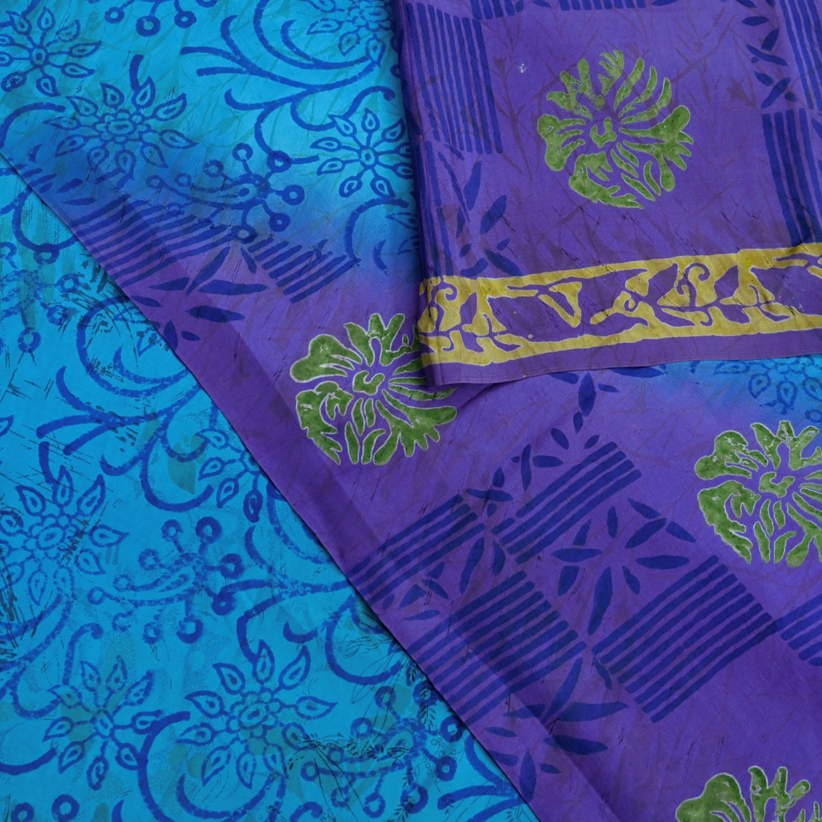 Vintage Sari Purple & Blue Pure Silk Printed Saree 6yd Sewing Craft Fabric Soft