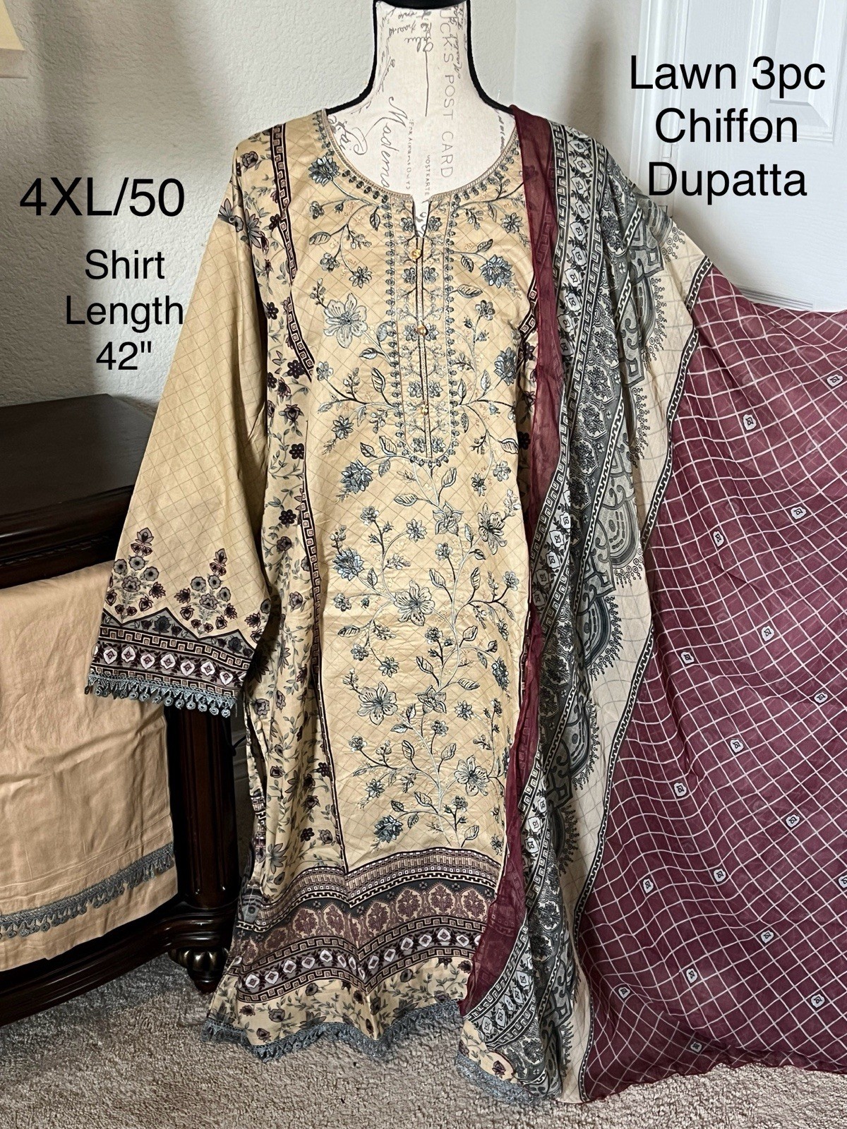 4XL Size 50 LAWN 3pc Shalwar Kameez Stitched Embroidered Suit Pakistani Indian