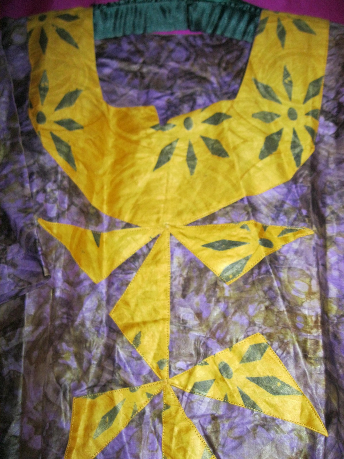 AFRICA, HAND DYED PURPLE/BLACK GARMENT W/ ORANGE TRIM, NEW, SZ.L.
