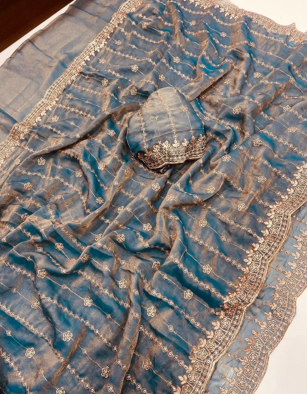 NC Moss Gold Shine Saree Designer Multi Sequence Embroidery Work Running Blouse