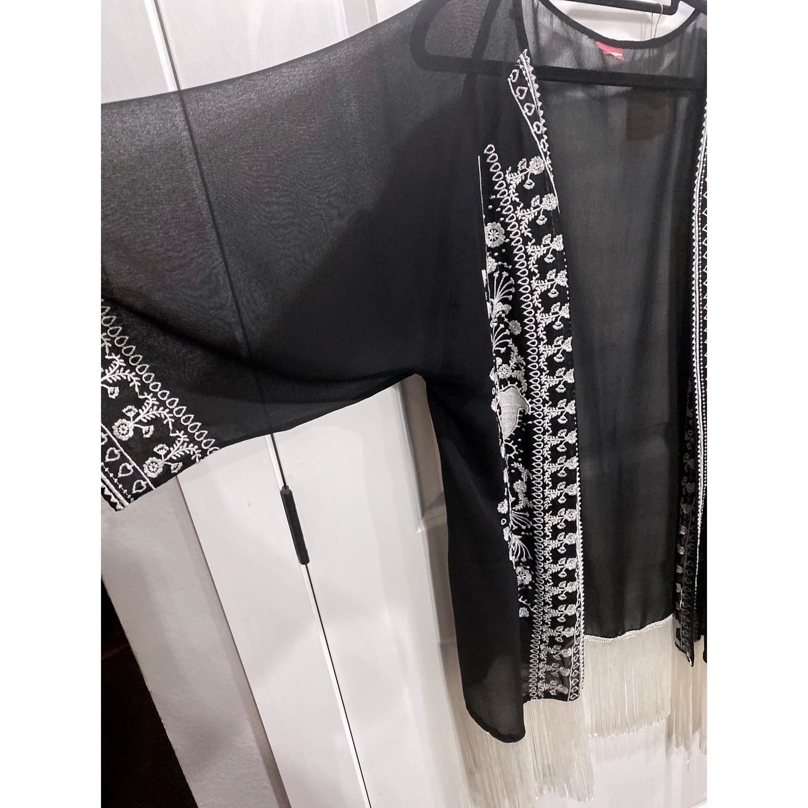 River Island Embroidered Kimono Robe Black White Fringe Boho Festival Size M