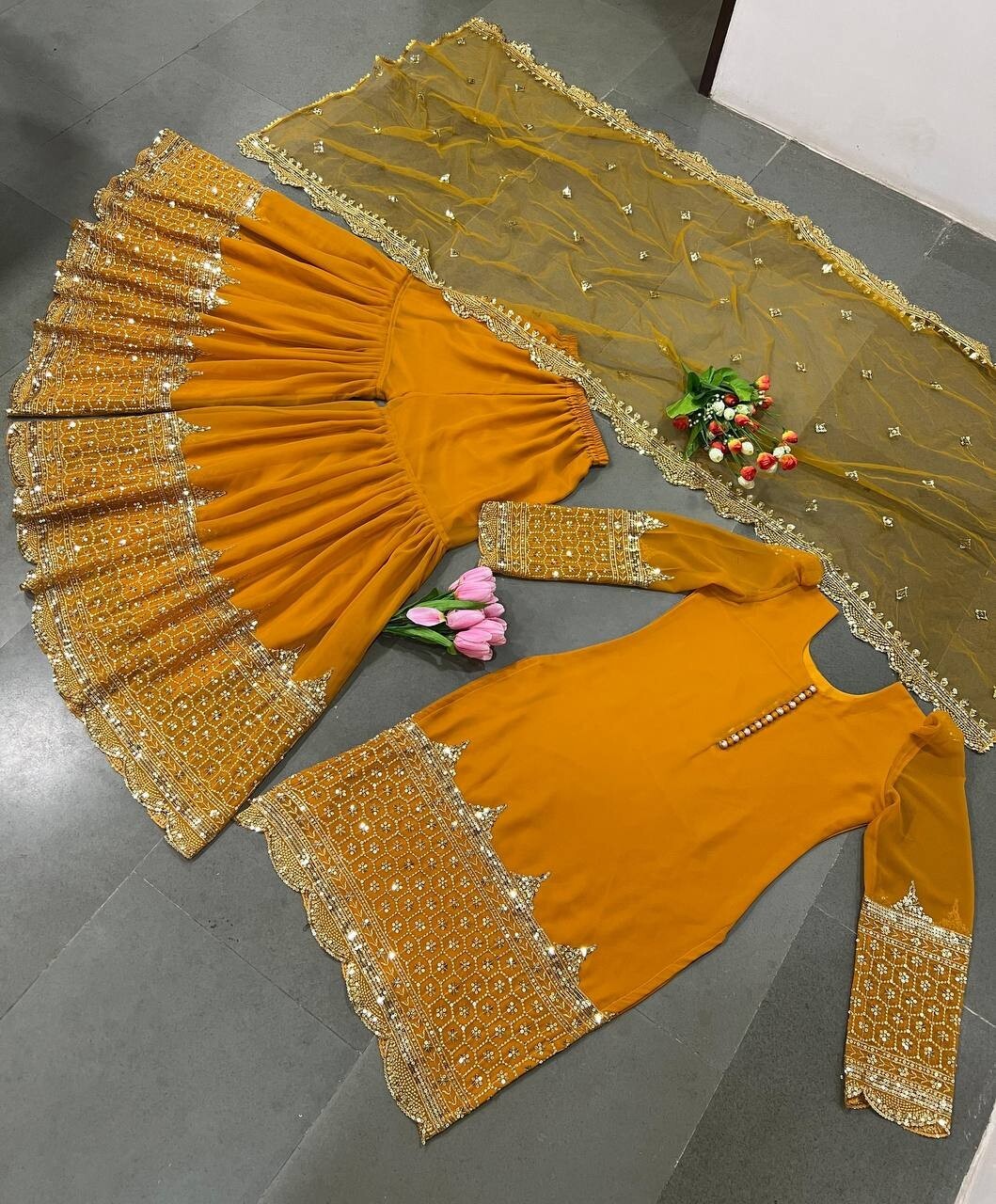Haldi Special Heavy Georgette Yellow Top Palazzo With Net Dupatta For Women Wear