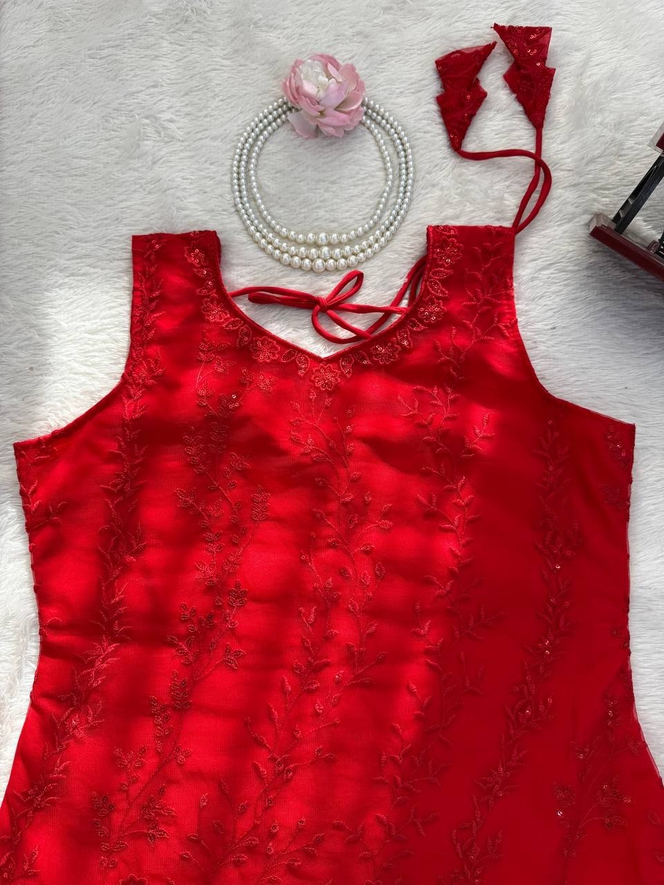 Beautiful Heavy Soft Net Red Top Palazzo With Dupatta For Indian Festival Wear