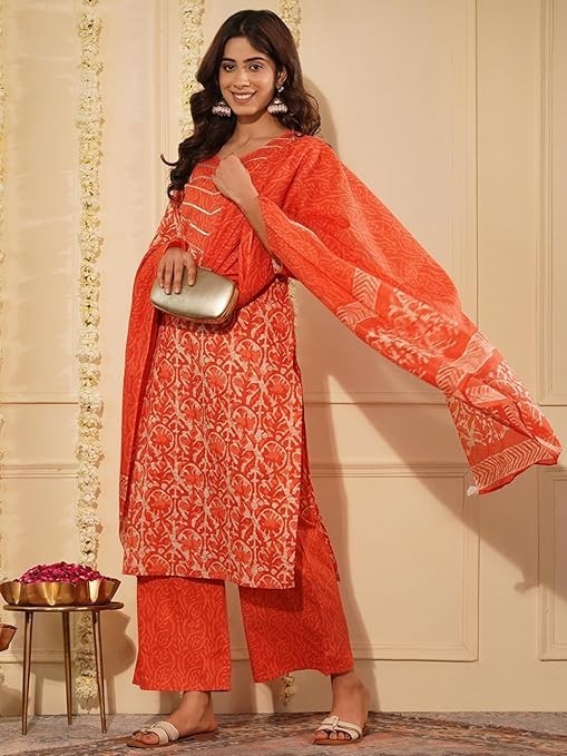 Women Orange Cotton Printed Indian Kurta With Pants & Dupatta ,Salwar Kameez Eid