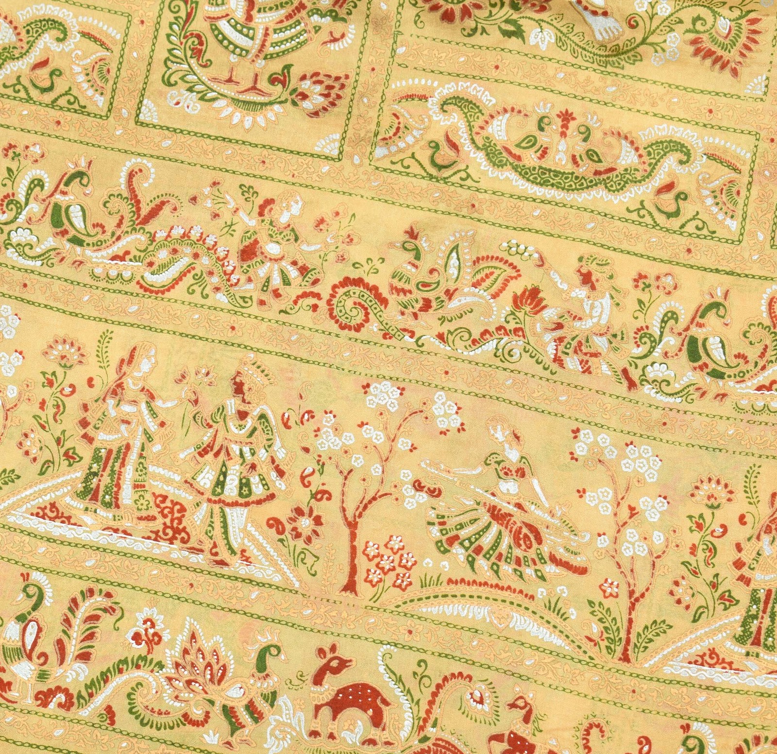 Sushila Vintage Yellow & Green Saree Printed Figure Pure Silk Sari Soft Craft Fa