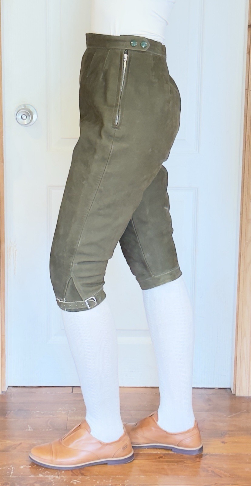 Olive LEATHER Lederhosen Pants Women German Bavarian Oktoberfest Waist 26”