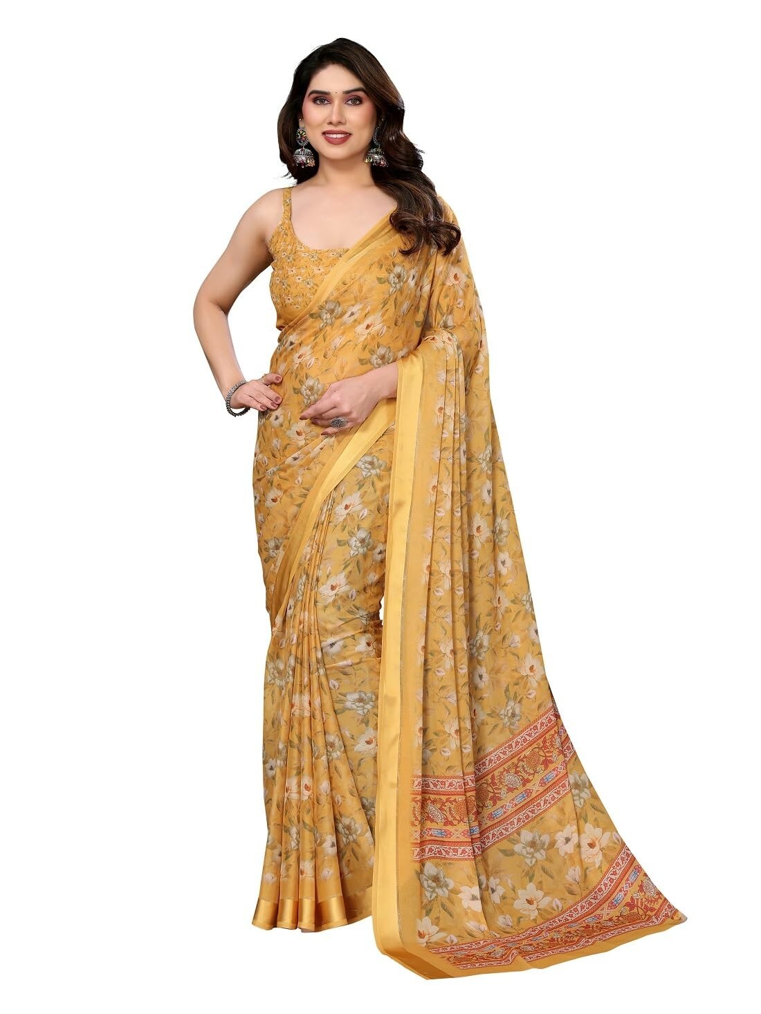 Women’s Floral Digital Printed Bright Moss Silk Sarees