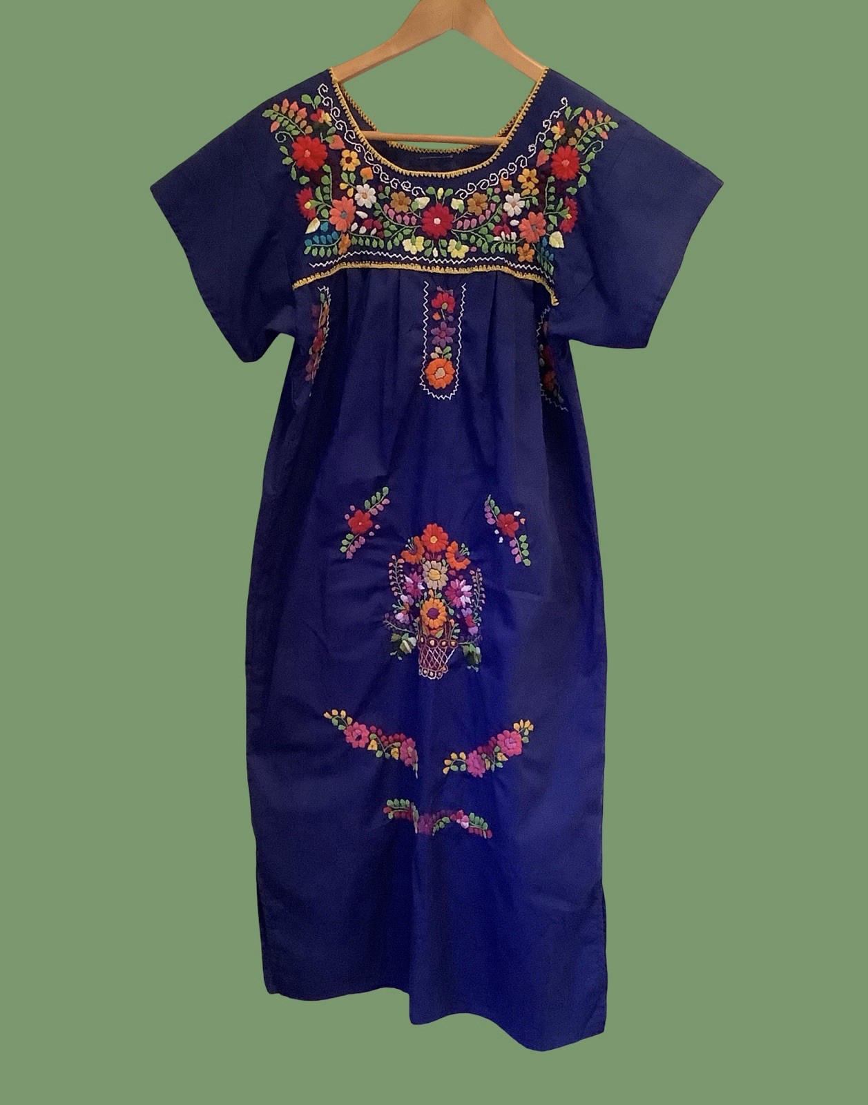 Mexican Oaxacan Embroidered Dress Blue Folk Art Festival Dress Sm